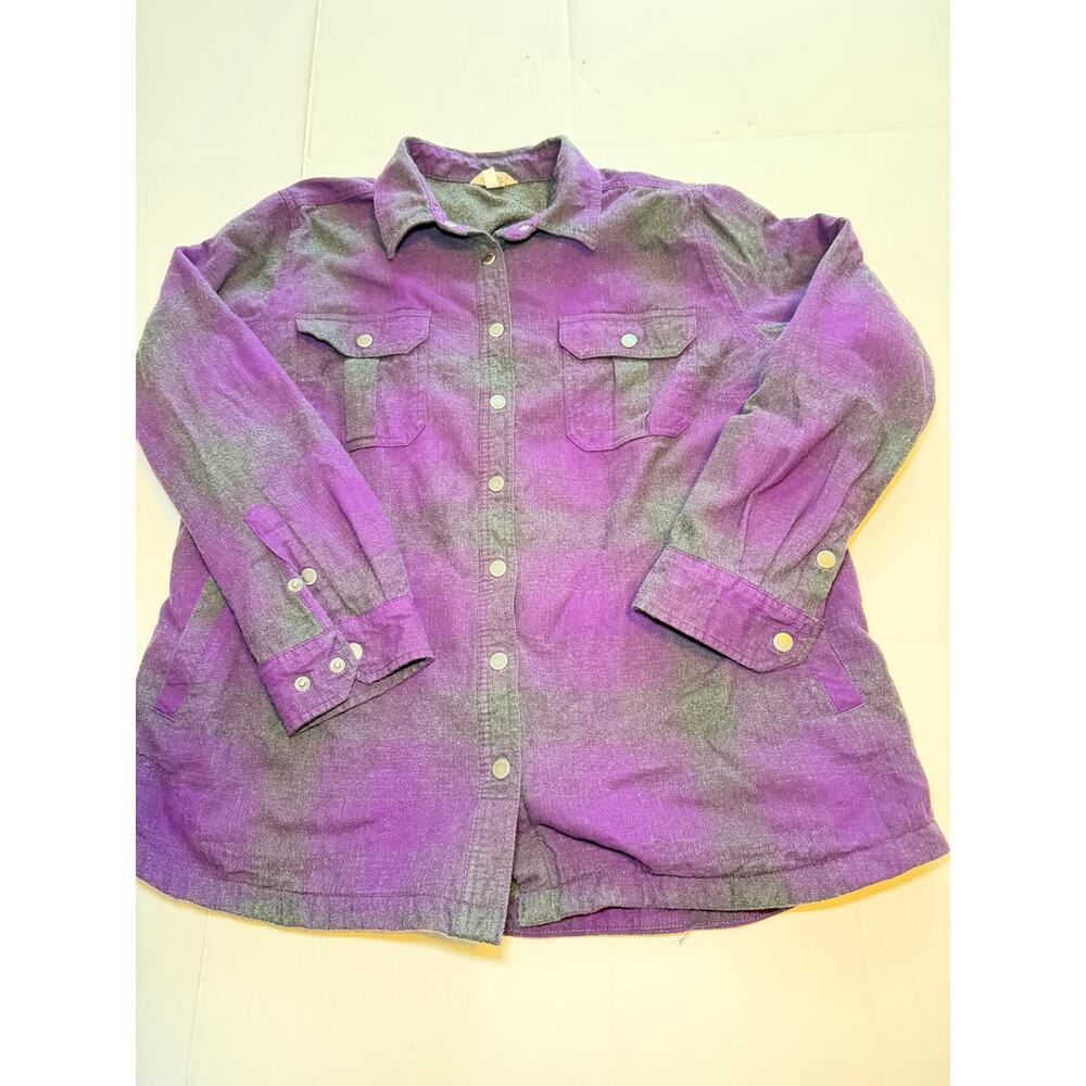 Duluth Trading Co. flannel purple and grey plaid shacket xxl